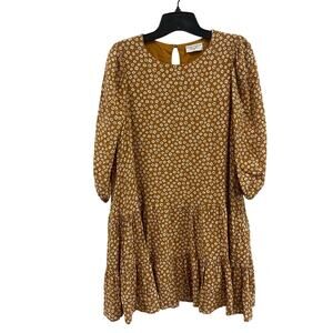 DRESS FORUM LA | Mustard White Floral Balloon Sleeve Dress Tiered | Size S